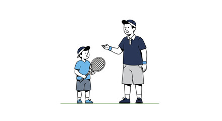 Father and Son Bonding Through Tennis Coaching Session, Ideal for Illustrating Family Activities, Sports Education, and the Importance of Mentorship in Childhood Development