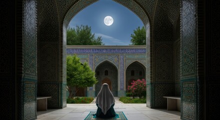 Spiritual serenity woman praying under the moonlight in oriental architecture courtyard