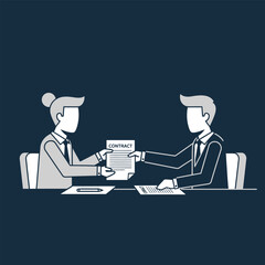 Two business people, a man and a woman, sitting at a desk exchanging a contract document to finalize an agreement.