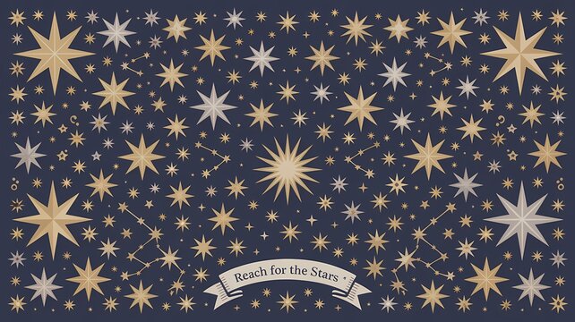 A dark blue background filled with many golden and silver stars of various sizes