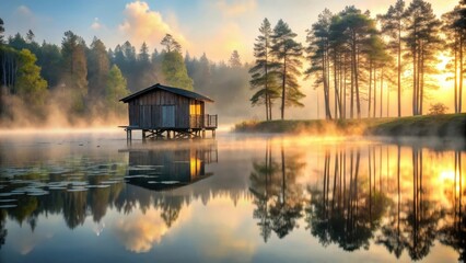 Fototapeta premium Serene Lakeside Cabin at Sunrise, Misty Morning Reflections on Calm Water