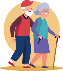 elderly couple walking together with cane icon.