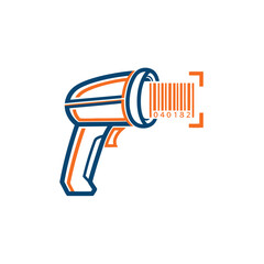 Barcode scanner with barcode, outlined in blue and orange.