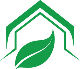 green leaf forming roof of house outline icon.