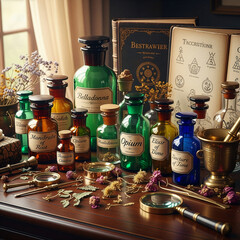 A collection of vintage apothecary bottles for potions and elixirs. Alchemist's workshop with magical ingredients and old books. Fantasy medicine and witchcraft concept