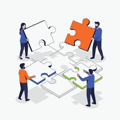 Four people collaborating to assemble a large jigsaw puzzle, symbolizing teamwork and problem-solving.