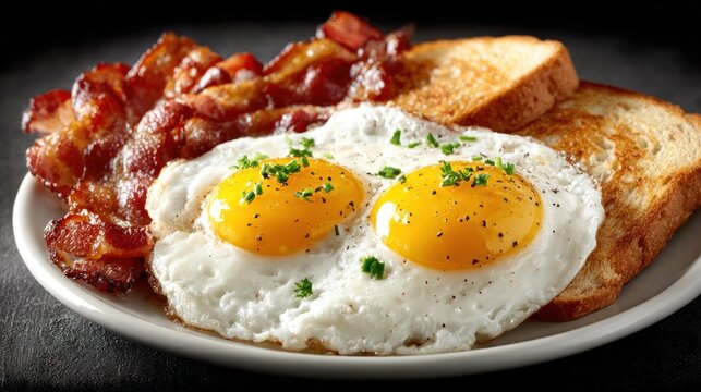 Delicious breakfast plate featu crispy bacon sunny side up eggs toasted bread herbal garnish and a flavorful morning meal