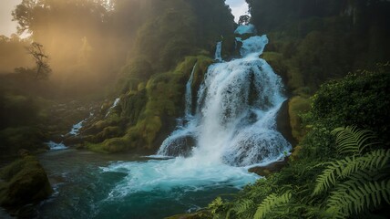 Picturesque waterfall cascading into a turquoise pool surrounded by lush vegetation, creating a tropical and enchanting natural paradise