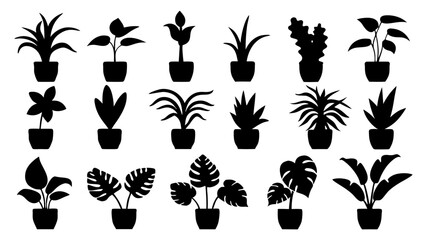 Set of Potted Houseplant Silhouettes. Black Indoor Plant Icons