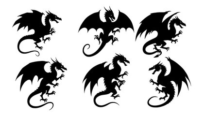 Dragon silhouettes set. Black dragon collection.