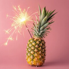 Photorealistic Pineapple With Lit Sparkler Emitting Bright Sparks Against Solid Pink Background