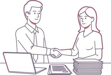 A man and a woman shaking hands across a desk, symbolizing a business agreement or partnership.