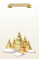 Golden pine forest and snowdrift with Merry Christmas calligraphy in golden ribbon on vertical background graphic illustration have blank space.