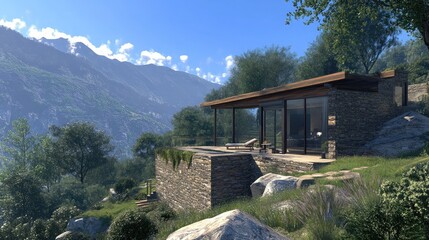 Modern mountain home with glass walls and stone exterior nestled in lush greenery and mountain views