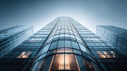 Fototapeta premium Modern towe glass skyscraper with reflective in an urban cityscape, showcasing contemporary architecture and innovative building design