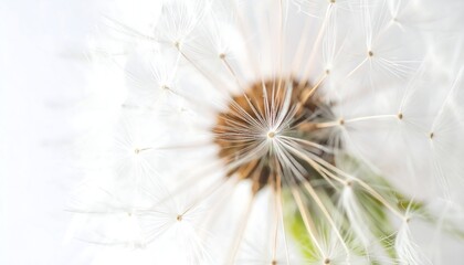 Close-up of a dandelion seed head, delicate white seeds radiating outwards from a central brown core