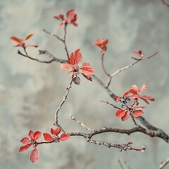 Close up shot of slender tree branches with small red leaves against a blurred light gray background