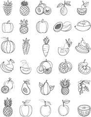 Fresh Fruits and Vegetables Line Art Illustrations.
