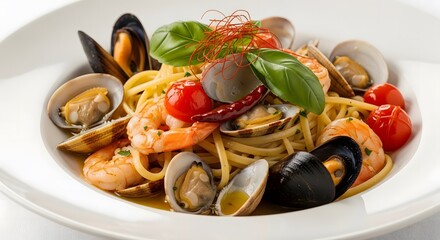 Delicious seafood pasta primavera overflowing with fresh mussels shrimp and clams