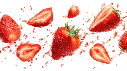 A set of sliced strawberries sliced and floating in the ai,r isolated on a white background