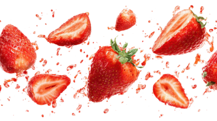 A set of sliced strawberries sliced and floating in the ai,r isolated on a white background