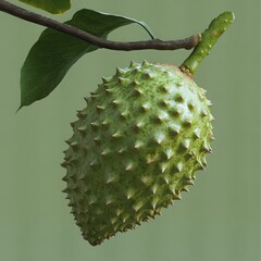 Close up of a green soursop fruit hanging from a branch with a leaf against a light green background