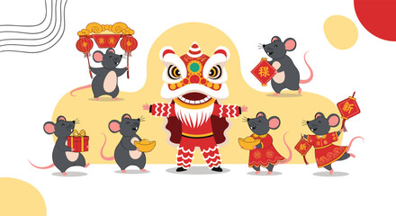 Chinese New Year celebration with dancing lions and adorable rats. Festive rodent characters carrying gifts and lanterns joyfully greet the new year.