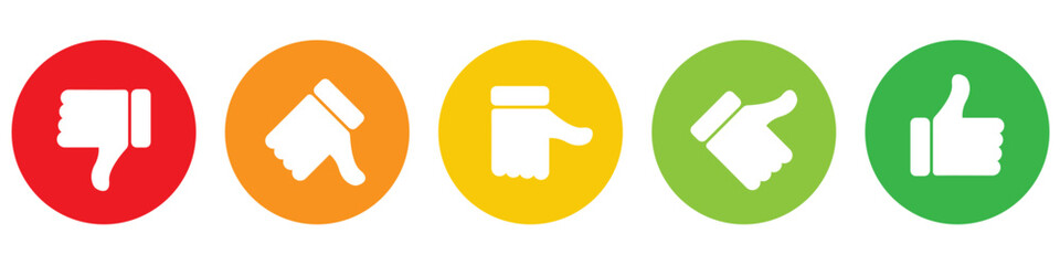 Set of colourful hand gesture icons including thumbs up, thumbs down, and neutral signs in circles. Perfect for feedback, ratings, approvals, user reviews, and reaction graphics. Icons, vector.
