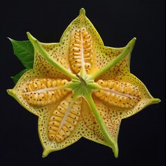 Close up of a star shaped yellow fruit cut open revealing seeds against a dark black background studio shot