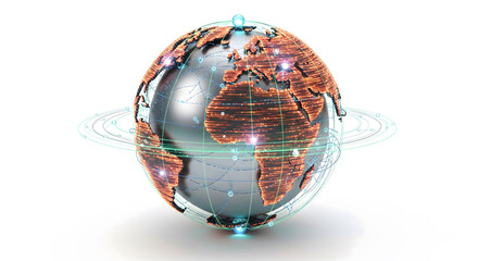Conceptual image of a futuristic Earth globe with digital continents and orbiting data streams representing global network and communication technology