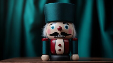 Wooden Nutcracker Figurine with Colorful Details on a Dark Background and Draped Fabric