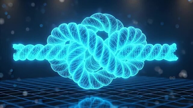 A luminous digital rope forms a complex knot, glowing against a dark grid. Representing strength, intricate connections, and problem-solving within technological systems