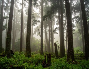 Misty forest with tall pine trees
