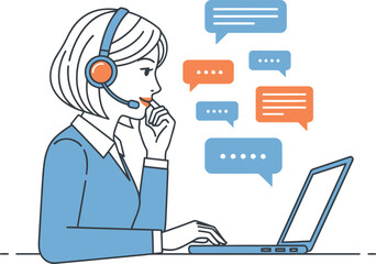 A customer service representative wearing a headset and typing on a laptop, with speech bubbles indicating communication.