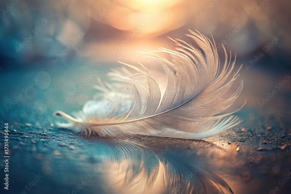 Canvas Prints a single delicate feather resting on a smooth surface, illuminated by the warm glow of a setting sun