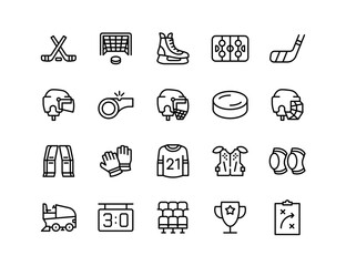 Ice Hockey Vector Icon Set   Editable Stroke   Helmet, puck, rink, whistle, scoreboard, stick, jersey, skates, goal, gloves, coach, pads, arena © digistock