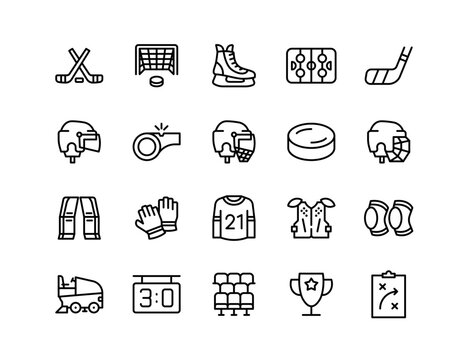 Ice Hockey Vector Icon Set | Editable Stroke | Helmet, puck, rink, whistle, scoreboard, stick, jersey, skates, goal, gloves, coach, pads, arena