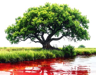 Lush green tree beside a blood-red river