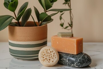 A terra-cotta planter with muted green stripes sits beside a stack of natural soaps and a textured sponge on a light marble surface, creating a serene and minimalist aesthetic.