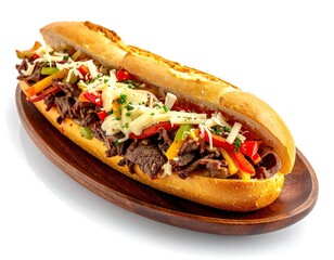 Loaded sub sandwich with steak, peppers, and cheese