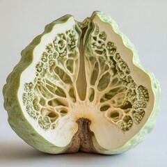 A cross section of a buddha's hand fruit showing the intricate internal structure and pale green color