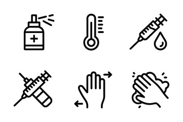 Hygiene & Health Safety Line Icons - Spray Bottle, Thermometer, Syringe, Hand Wash, Vaccine for Medical Apps, Public Health Campaigns & Wellness UI


