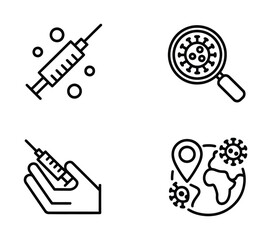 Virus Research & Global Health Line Icons - Syringe, Magnifying Glass with Virus, Injection Hand, World Map with Outbreak for Medical Apps, Labs & Public Health UI

