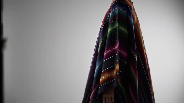 Woman Wearing Colorful Striped Poncho Against Neutral Gradient Backdrop