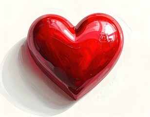 Glossy red heart shape, seemingly glass or resin, on white background