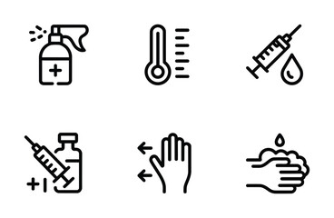 Hygiene & Health Safety Line Icons - Spray Bottle, Thermometer, Syringe, Hand Wash, Vaccine for Medical Apps, Public Health Campaigns & Wellness UI

