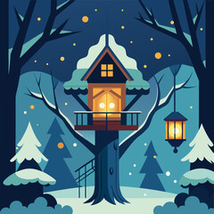 a snowy forest treehouse glowing with lanterns  (1).eps