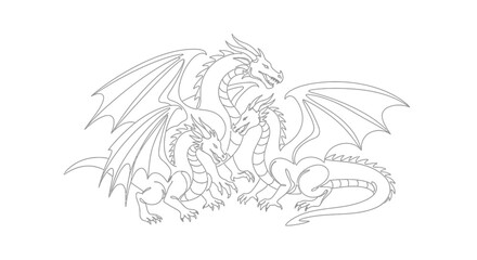 Three-Headed Dragon Illustration Mythical Creature, Fantasy Art, Line Drawing