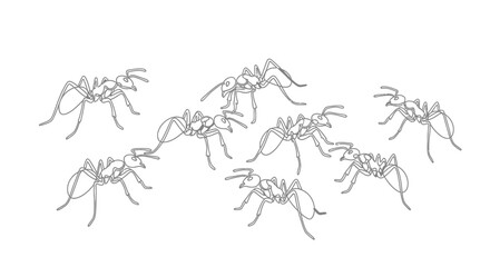 Intricate Line Art Depiction of a Group of Ants Engaged in Collaborative Tasks