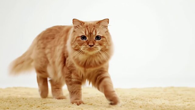 Fluffy Ginger Birman Cat with Bright Blue Eyes Walking on Yellow Carpet in a White Background Studio Shot with Luxurious Fur and Captivating Gaze Animal and Pet Concept
